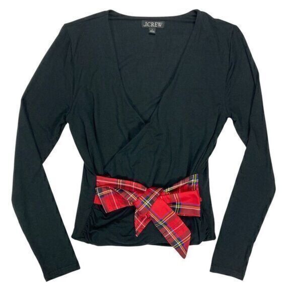 J. Crew Top Womens Size Small Black Long Sleeve Wrap Plaid Tie Holiday Pullover - Picture 2 of 16